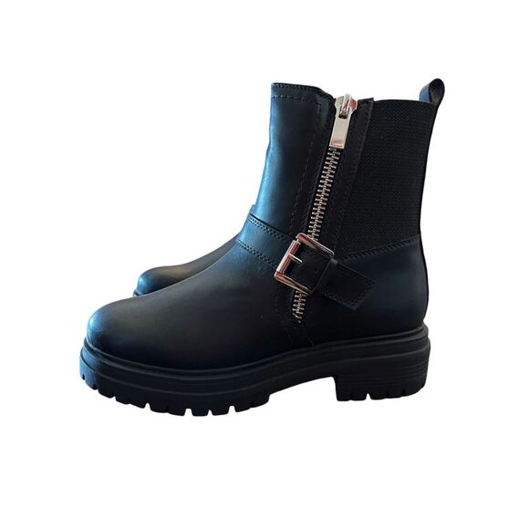 AQUA COLLEGE Shoes - AQUA COLLEGE Womens Black 1" Platform Back Pull-Tab Grant Block Heel Moto 10 M